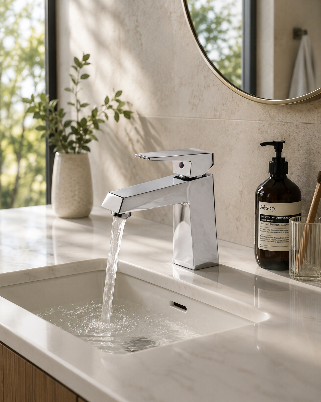 SANIKB F300001 brass faucet shown installed in a styled bathroom — lifestyle scene.