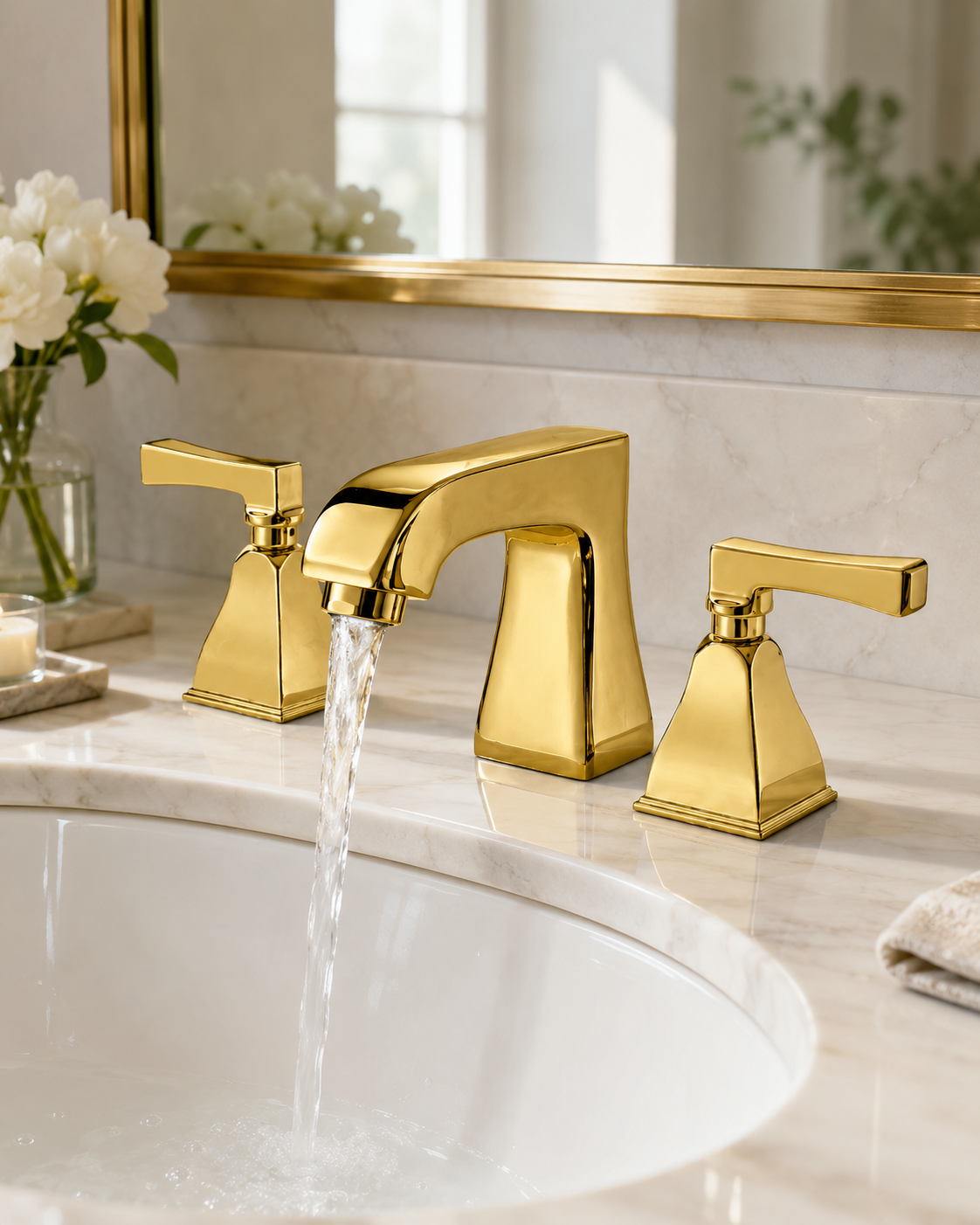 SANIKB F305201 brass faucet shown installed in a styled bathroom — lifestyle scene.