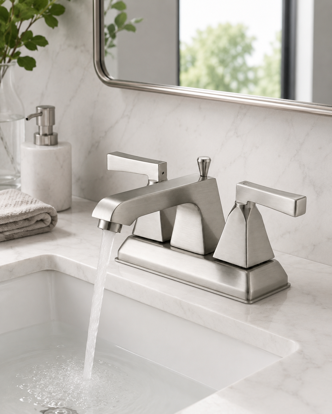 SANIKB F305301 brass faucet shown installed in a styled bathroom — lifestyle scene.