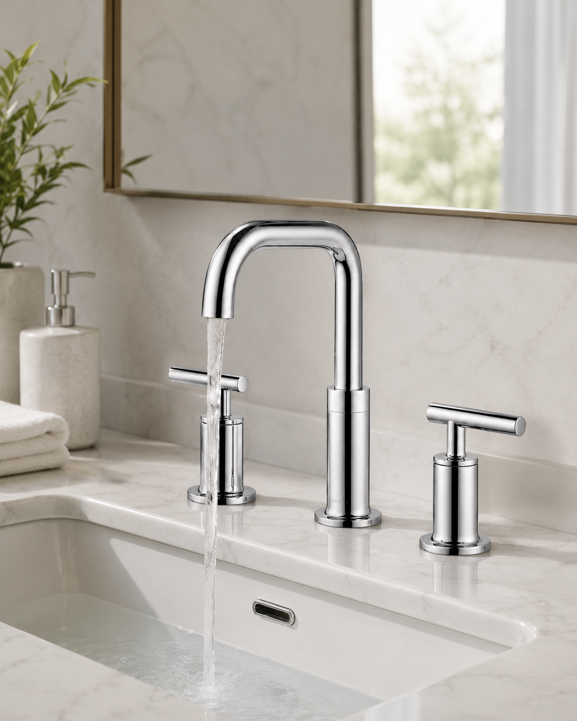 SANIKB F309001 brass faucet shown installed in a styled bathroom — lifestyle scene.