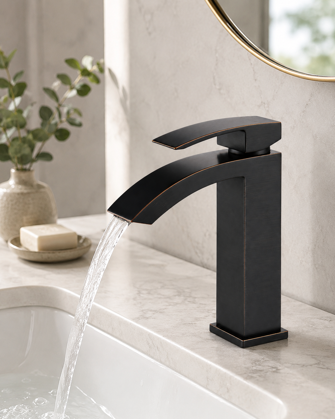 SANIKB F319001 brass faucet shown installed in a styled bathroom — lifestyle scene.