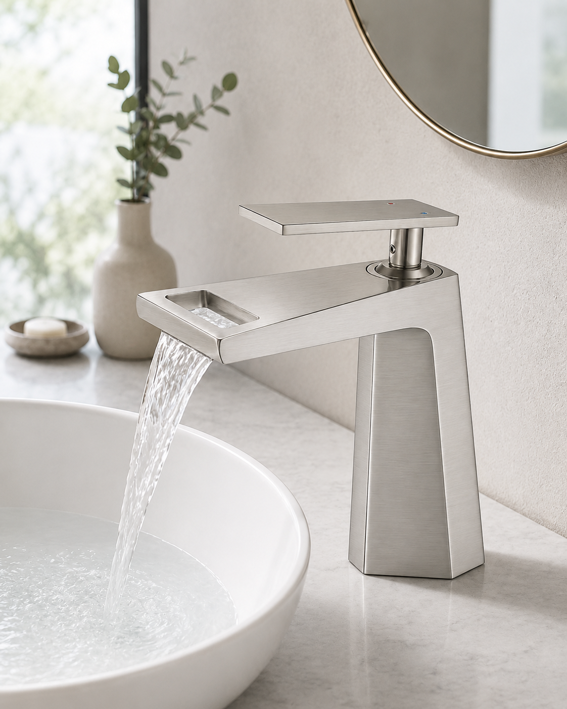 SANIKB F344001 brass faucet shown installed in a styled bathroom — lifestyle scene.