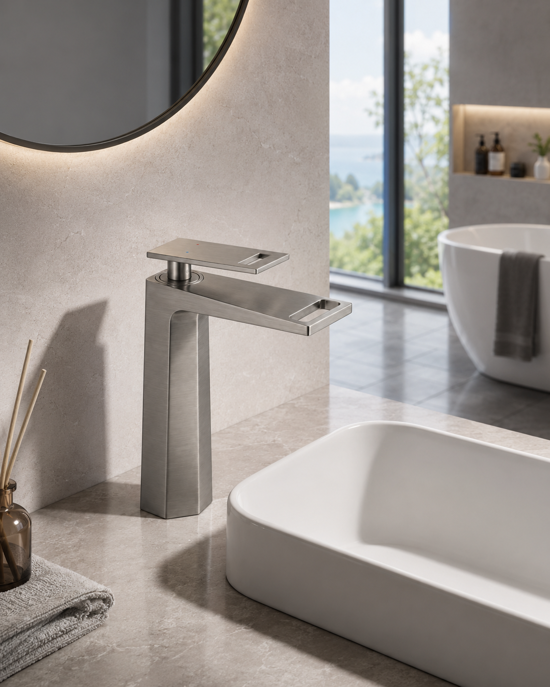 SANIKB F344101 brass faucet shown installed in a styled bathroom — lifestyle scene.