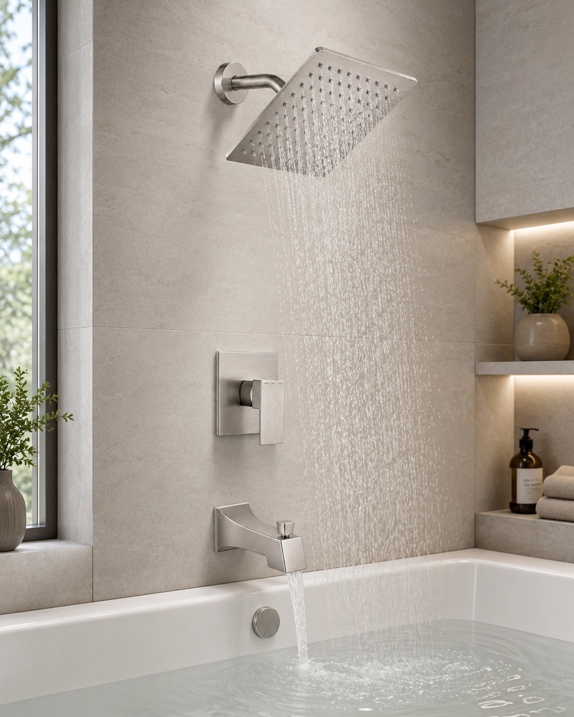 SANIKB F348408 brass faucet shown installed in a styled bathroom — lifestyle scene.