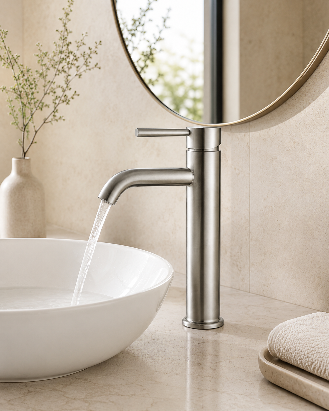 SANIKB F359101 brass faucet shown installed in a styled bathroom — lifestyle scene.