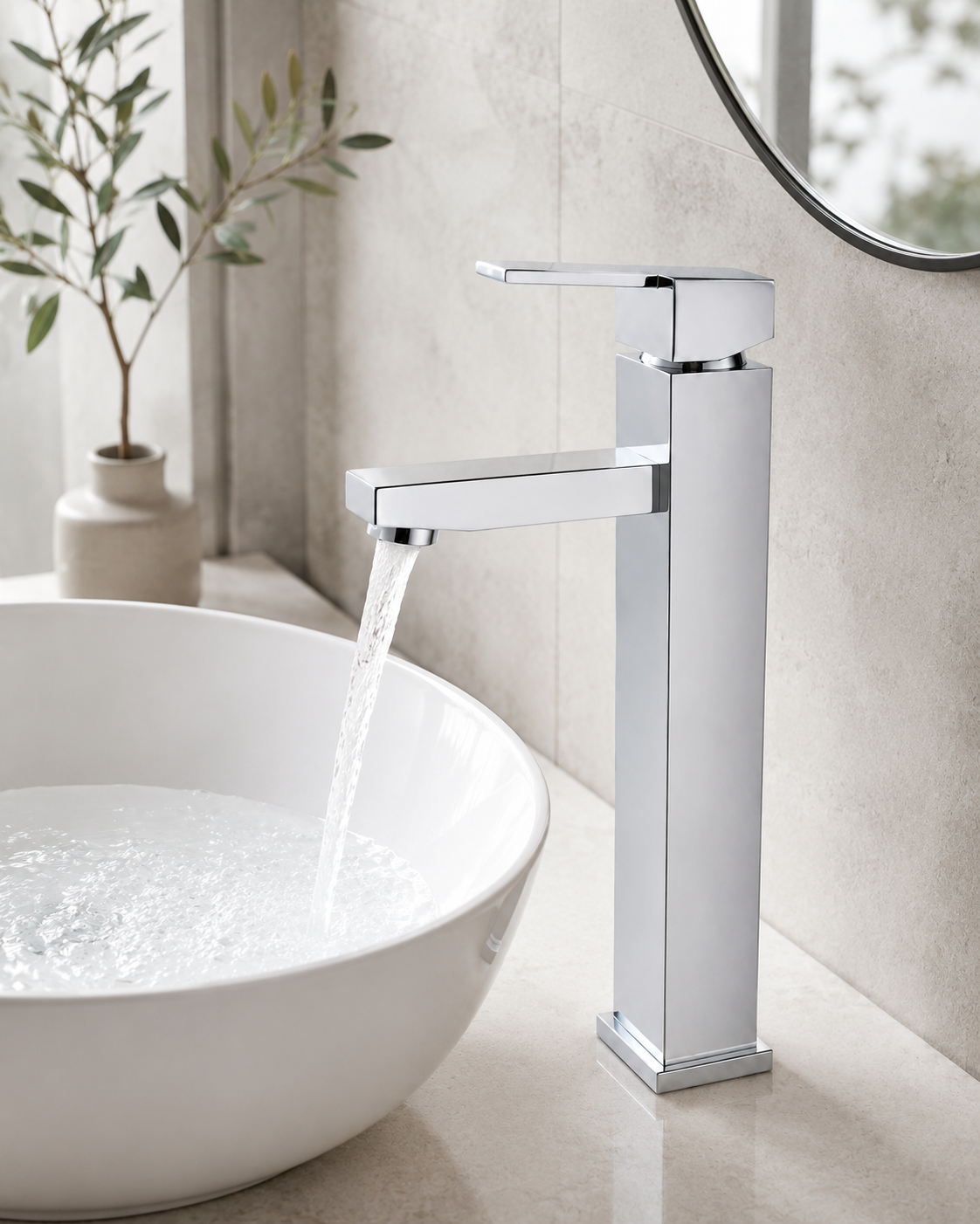 SANIKB F360101 brass faucet shown installed in a styled bathroom — lifestyle scene.