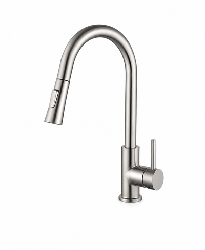 Low-profile pull-down kitchen faucet, brass body, low-arc gooseneck spout with pull-down spray head — SANIKB F372302