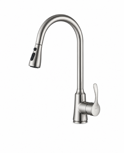 Brushed nickel transitional pull-down kitchen faucet, brass body, high-arc gooseneck spout with single lever handle — SANIKB F380102