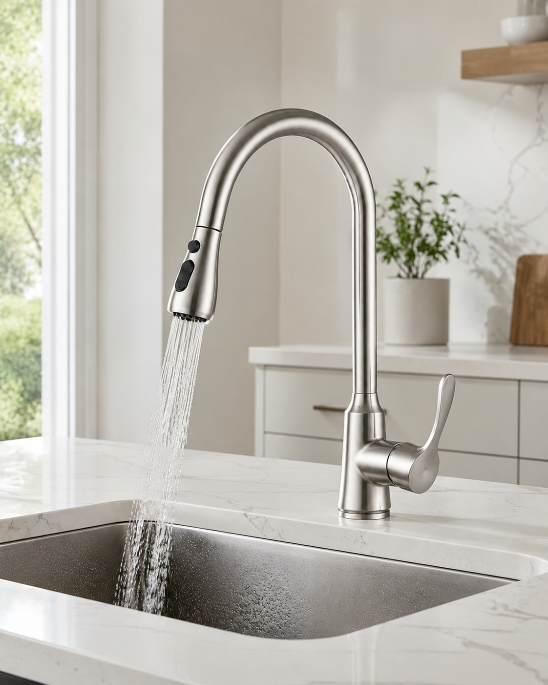 SANIKB F380102 brass faucet shown installed in a styled bathroom — lifestyle scene.