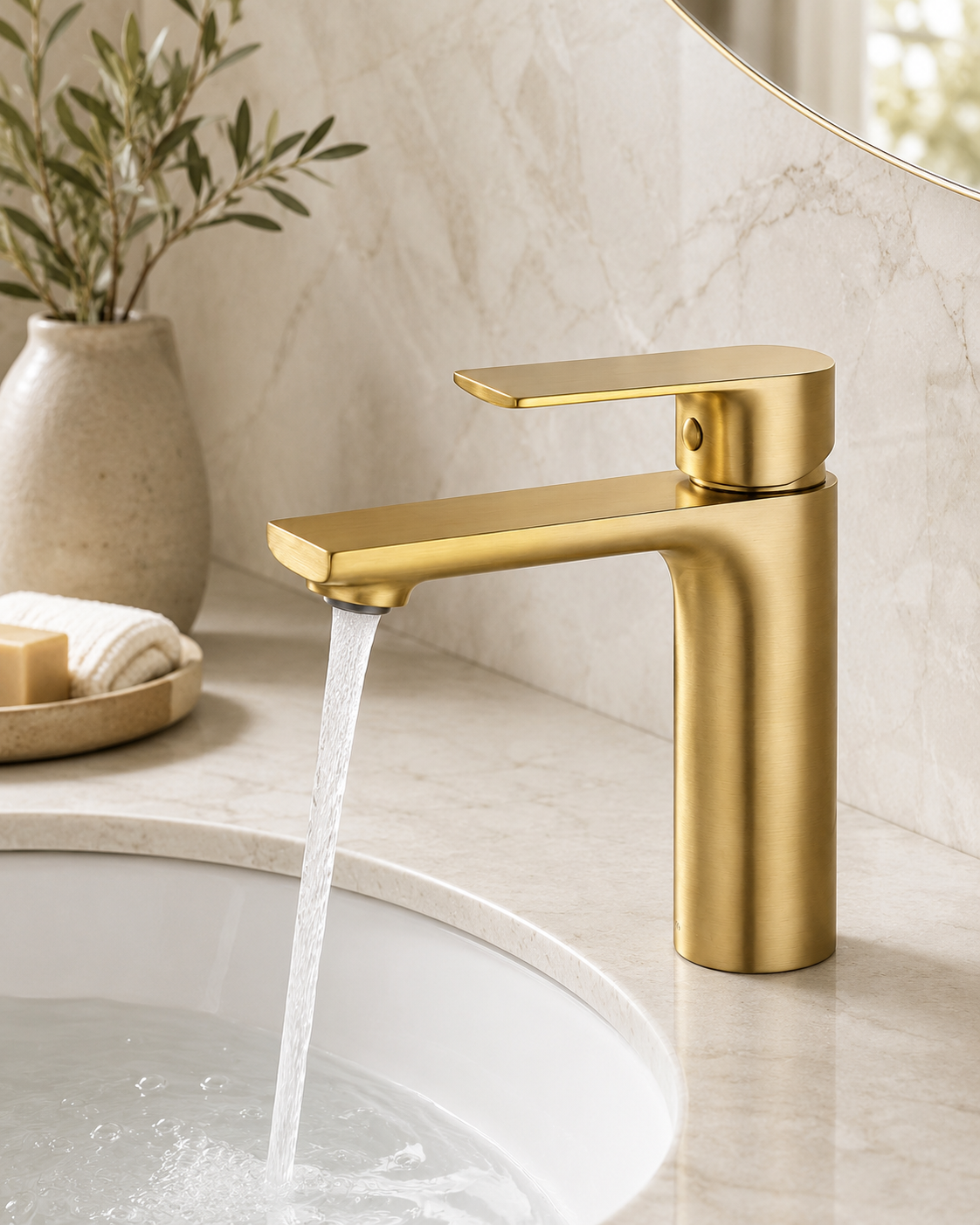 SANIKB F396001 brass faucet shown installed in a styled bathroom — lifestyle scene.