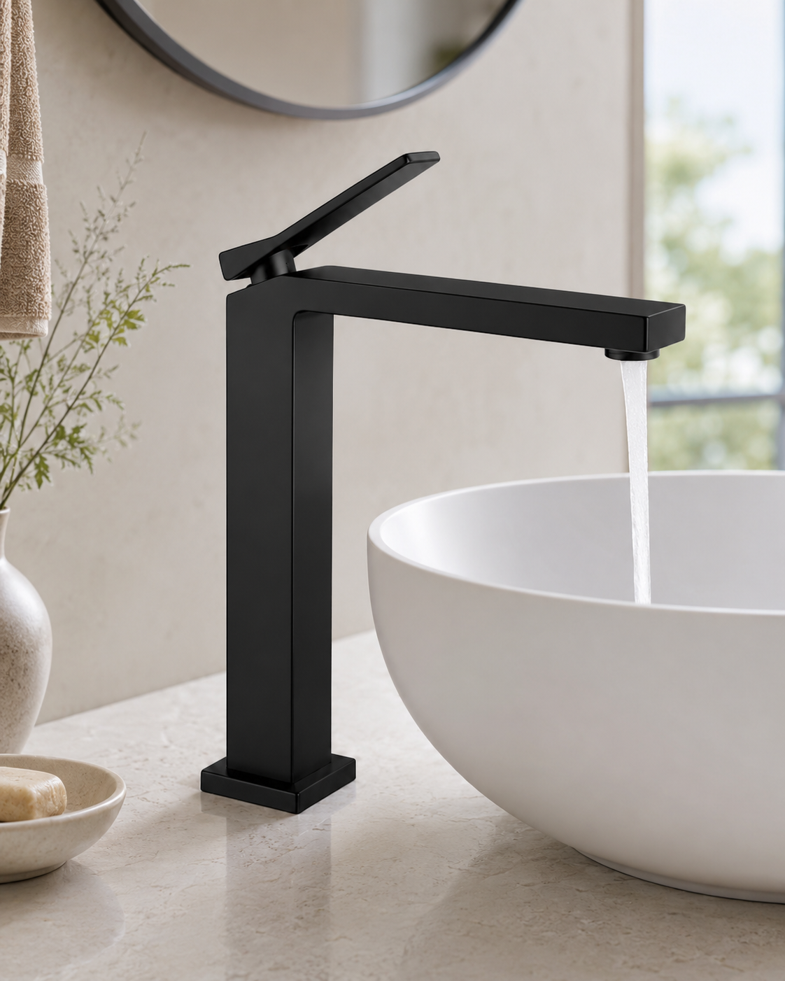 SANIKB F411201 brass faucet shown installed in a styled bathroom — lifestyle scene.