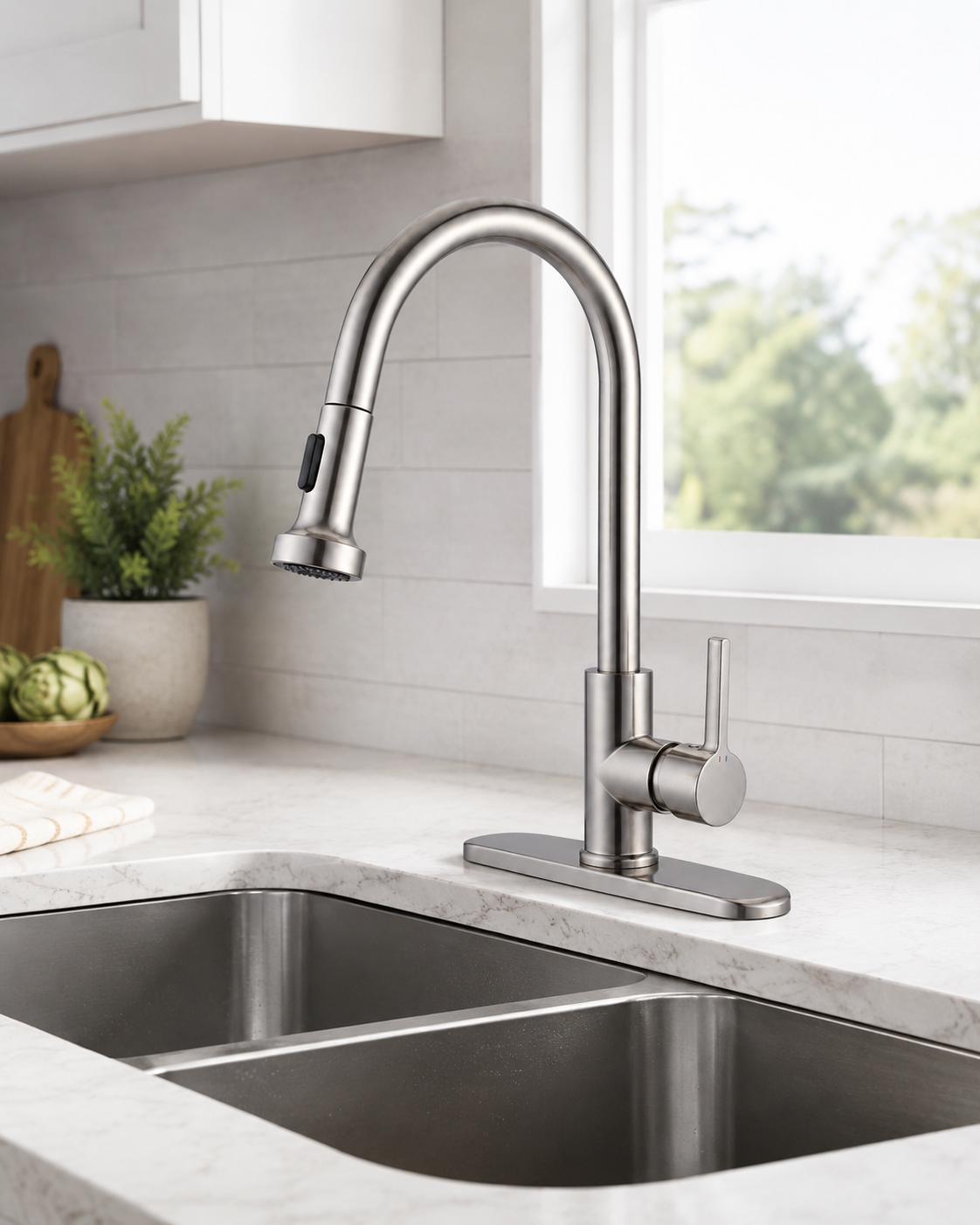 SANIKB F422002 brass faucet shown installed in a styled bathroom — lifestyle scene.