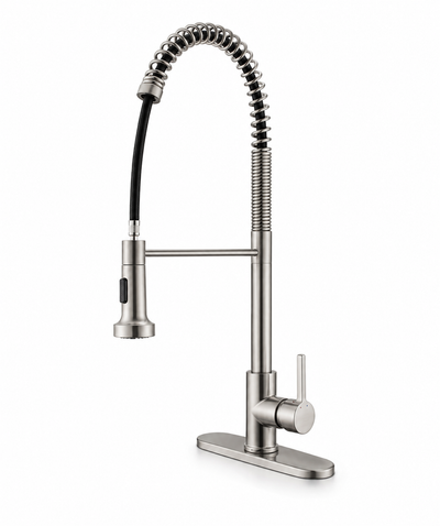 24-inch pull-down kitchen faucet, brass body, commercial spring-neck spout with pull-down spray head — SANIKB F422003