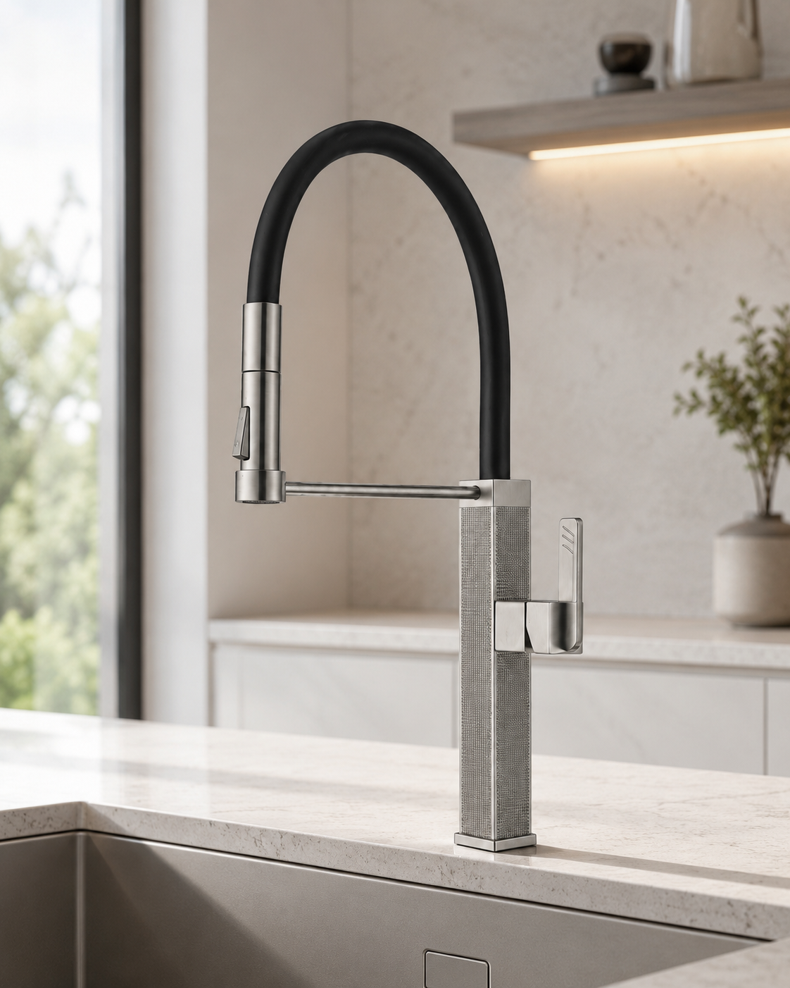 SANIKB F432102 brass faucet shown installed in a styled bathroom — lifestyle scene.