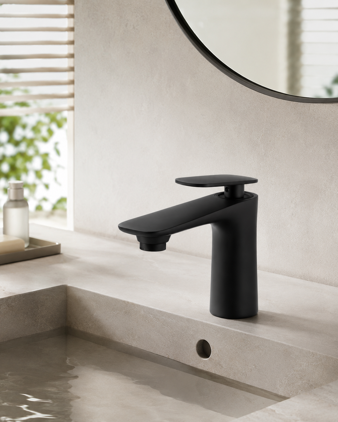 SANIKB F445001 brass faucet shown installed in a styled bathroom — lifestyle scene.