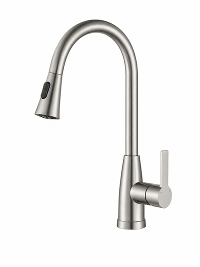 18-inch pull-down kitchen faucet, brass body, high-arc gooseneck spout with pull-down spray head — SANIKB F804102