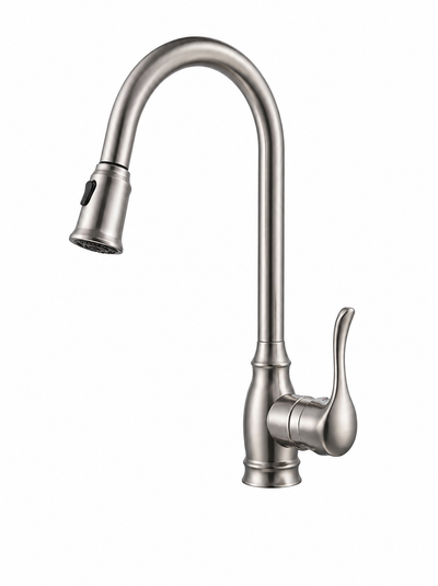 Brushed nickel traditional pull-down kitchen faucet, brass body, high-arc gooseneck spout with single lever handle — SANIKB F805102