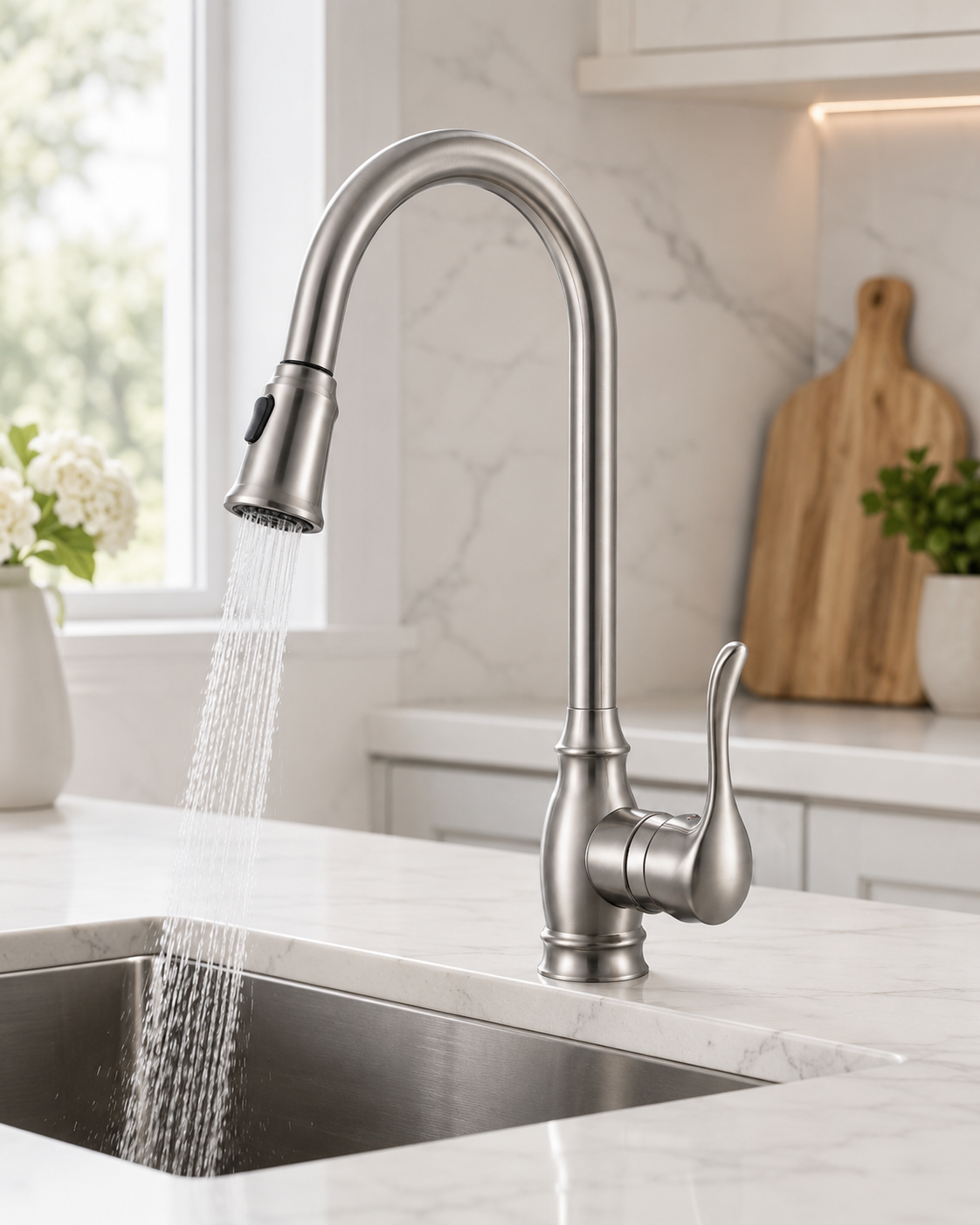 SANIKB F805102 brass faucet shown installed in a styled bathroom — lifestyle scene.