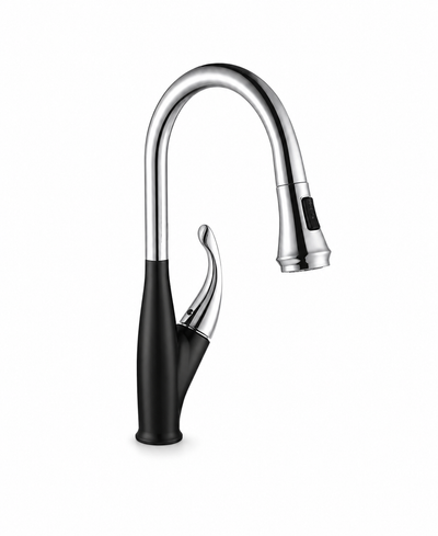 Black and chrome pull-down kitchen faucet, brass body, high-arc gooseneck spout with pull-down spray head — SANIKB F811002