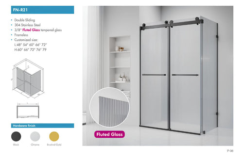 FN-R21 reeded glass shower door spec sheet showing sizes, hardware finishes and tempered glass details