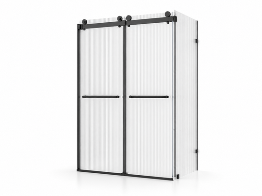 Frameless FN-R21 fluted glass shower door with 304 stainless steel matte black bypass hardware
