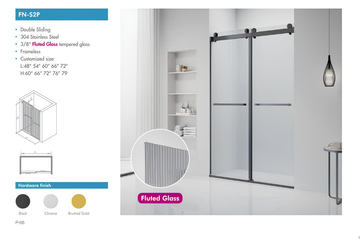 SANIKB FN-S2P fluted shower door spec sheet showing sizes, frameless double sliding design, and black, chrome, and brushed gold finishes