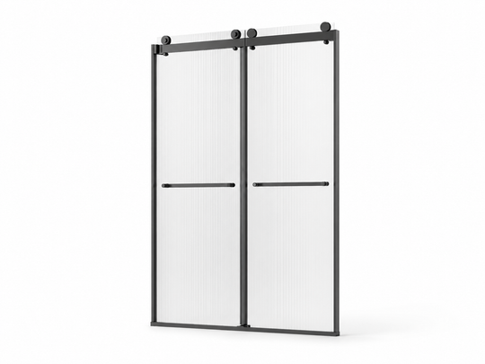 FN-S2P frameless double sliding shower door with 3/8" fluted tempered glass and matte black 304 stainless steel hardware