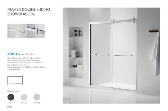 GPQ2-2 framed double sliding shower door spec sheet showing dimensions, glass options, and black, chrome, and brushed hardware finishes