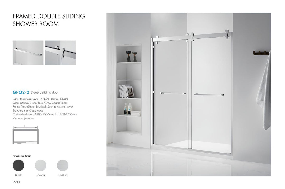 GPQ2-2 framed double sliding shower door spec sheet showing dimensions, glass options, and black, chrome, and brushed hardware finishes