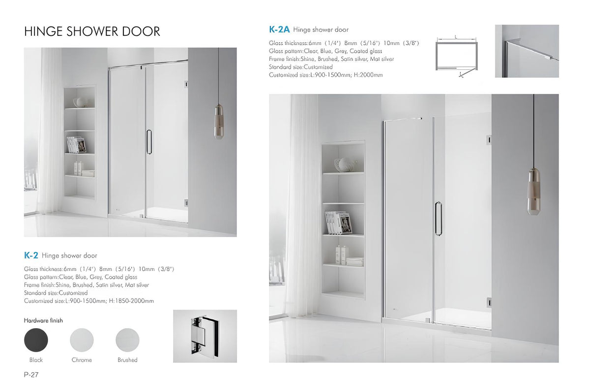 SANIKB K-2 and K-2A hinge shower door catalog page with glass thickness and finish options
