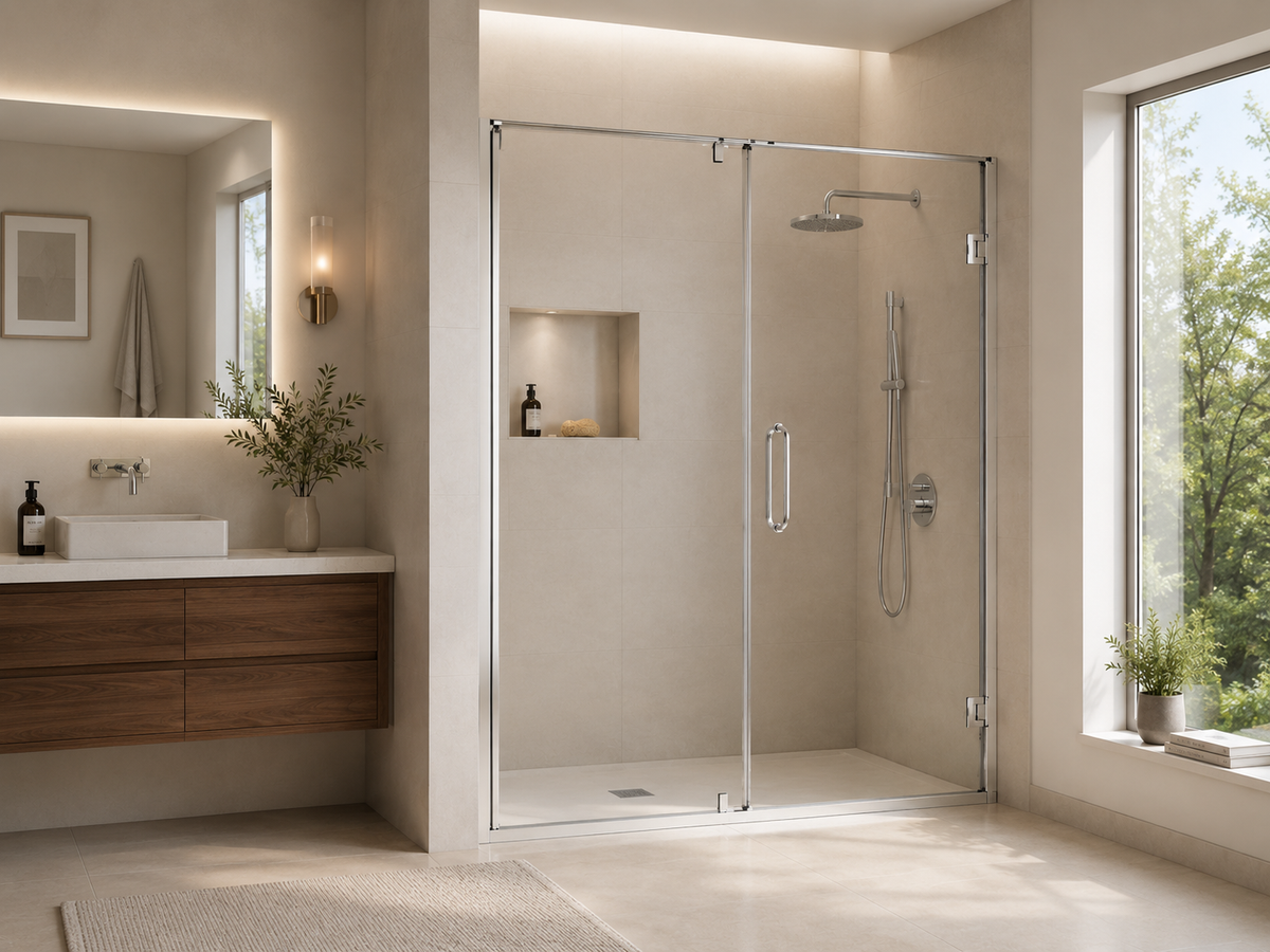 SANIKB K-2A custom hinged shower enclosure installed in a modern bathroom with chrome hardware