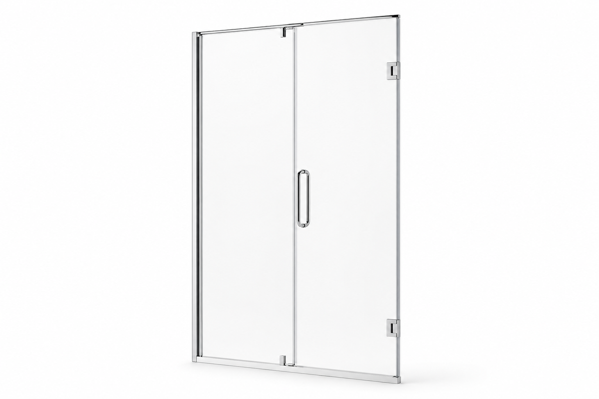 K-2A straight hinged glass shower enclosure with clear panels and chrome hardware on white background