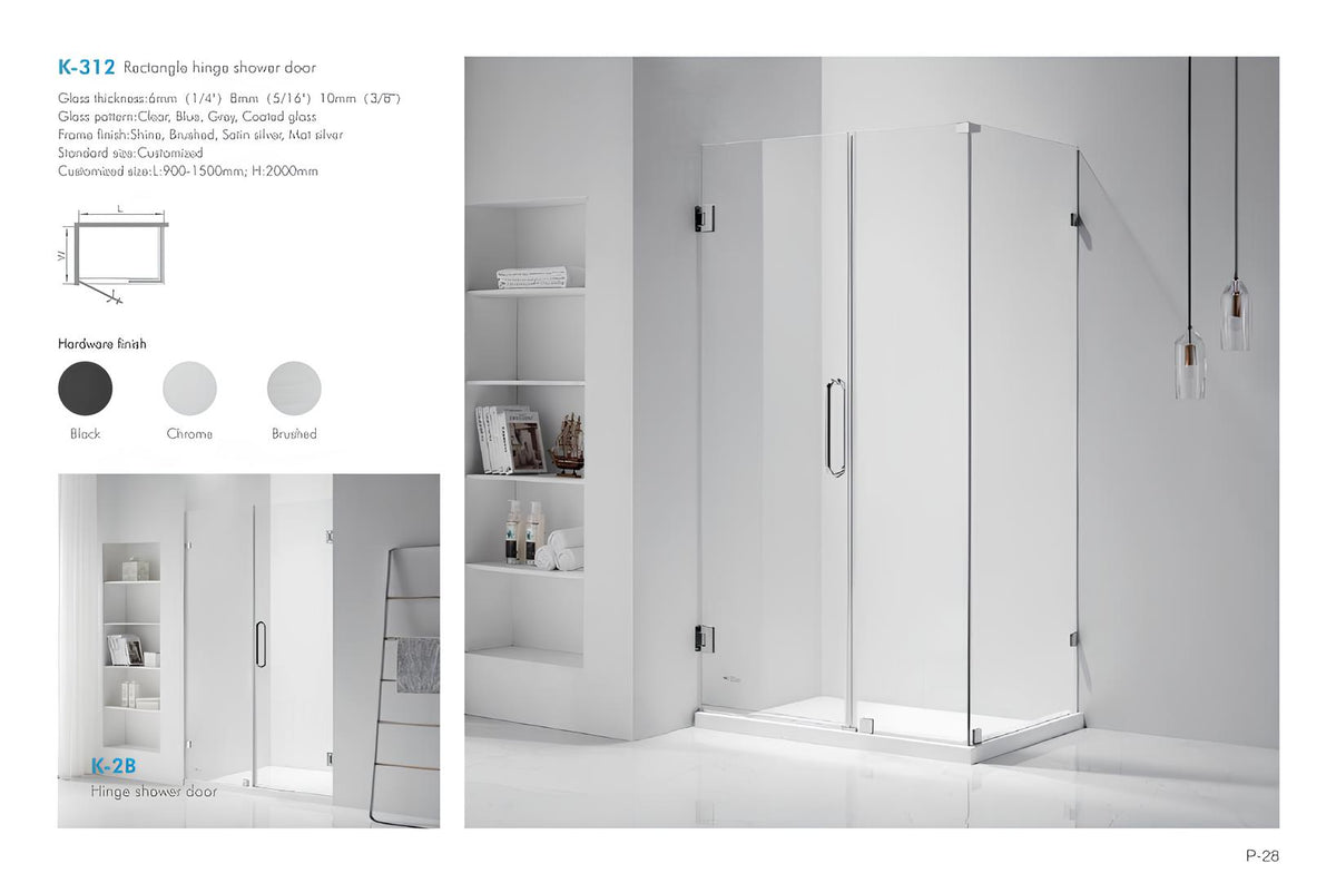 K-312 rectangular hinged shower enclosure with clear glass panels and chrome hardware on white background