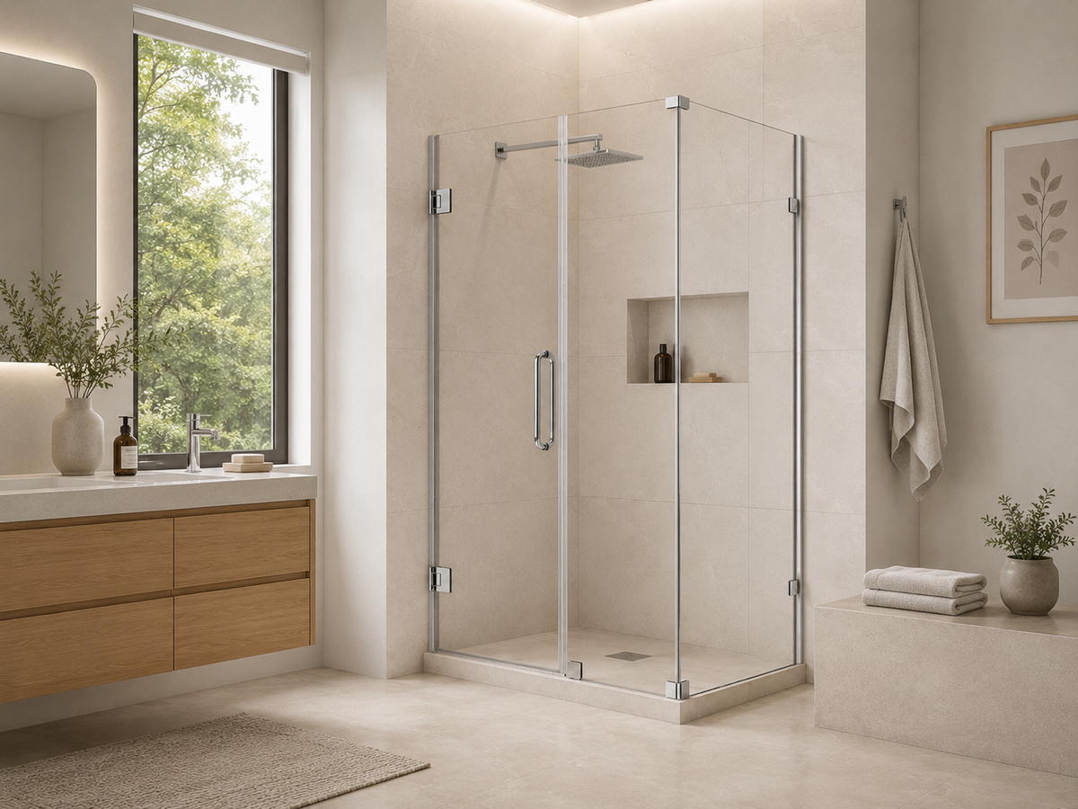 SANIKB K-312 rectangular hinge shower enclosure catalog page with finish and size specifications
