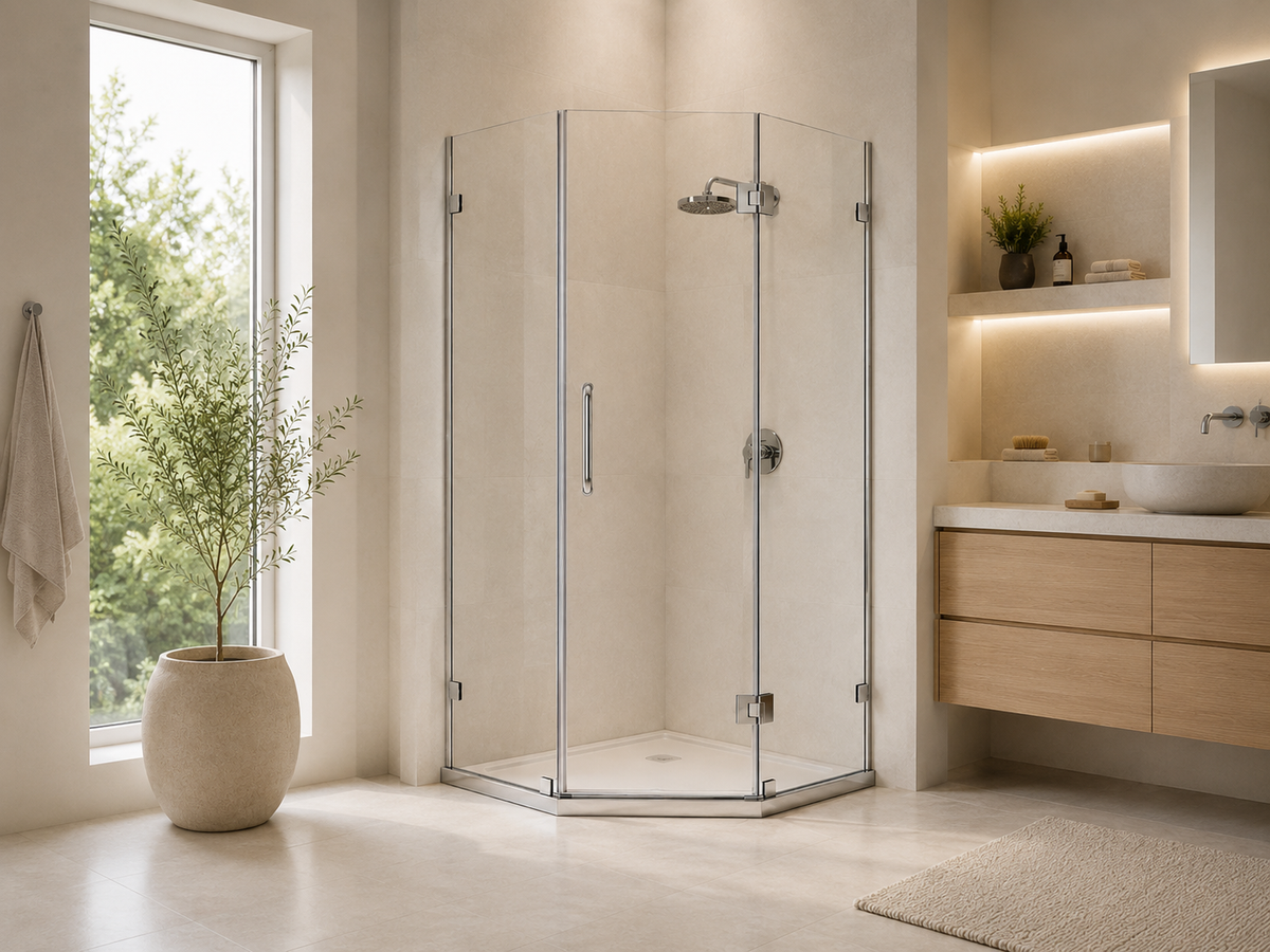 K-3D corner hinged glass shower enclosure installed in a beige bathroom with chrome hinges