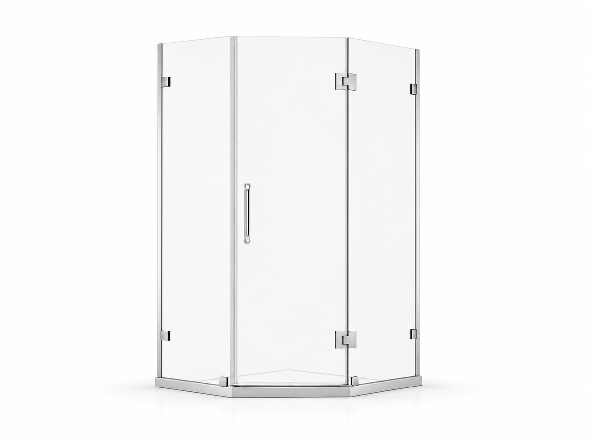 K-3D corner hinged shower enclosure with angled glass panels and chrome hardware for compact bathrooms