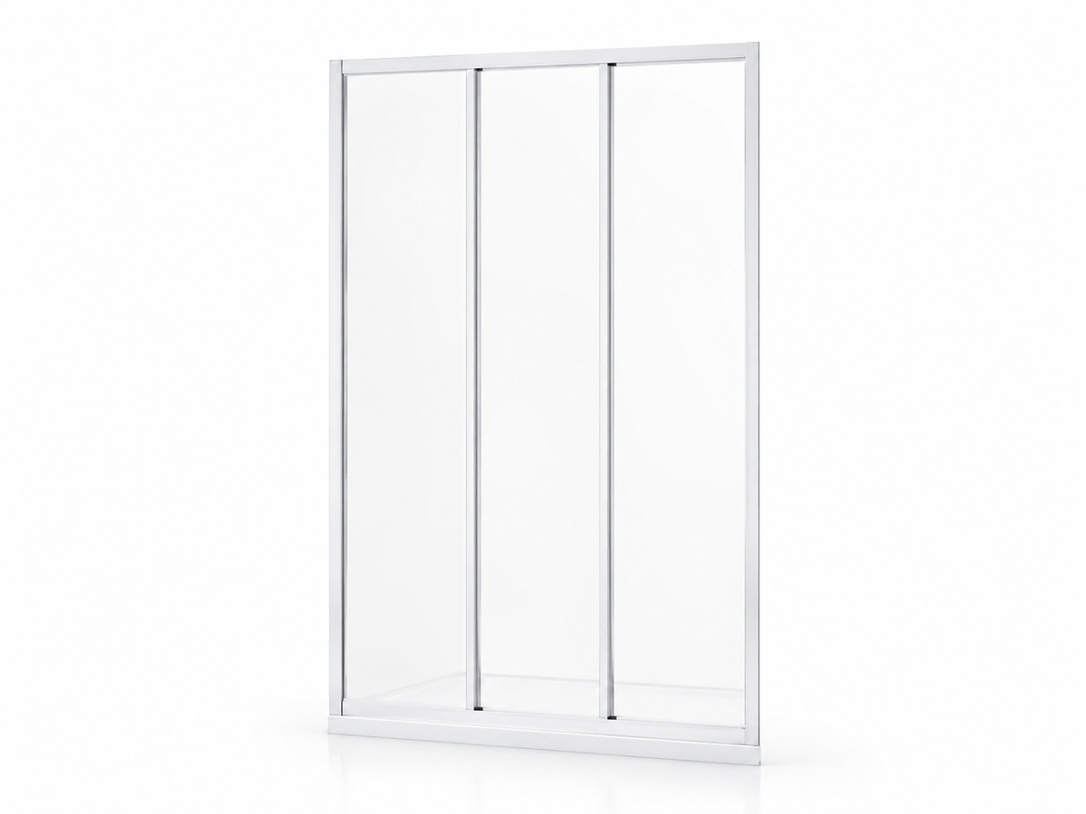 SANIKB L-3 3-panel sliding shower door, front view showing linked glass panels on a single track