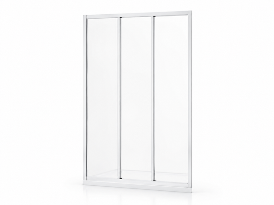 SANIKB L-3 3-panel sliding shower door, front view showing linked glass panels on a single track