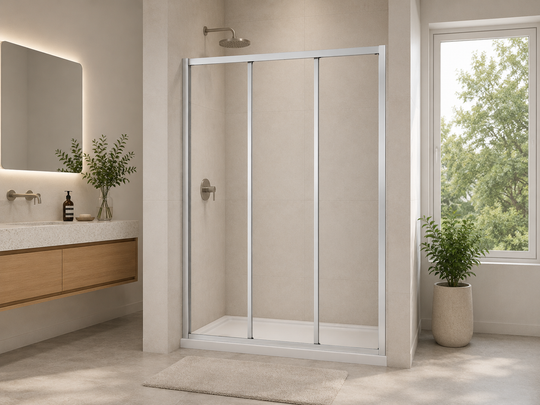 Custom 3-panel sliding shower door installed in a modern bathroom, satin silver frame with clear glass