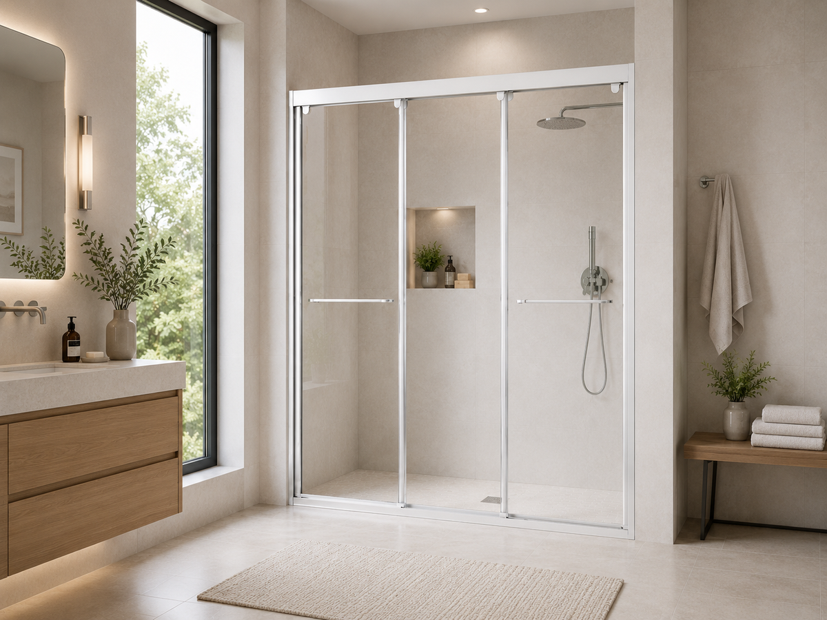 White aluminum framed triple sliding shower door installed in a modern beige bathroom alcove