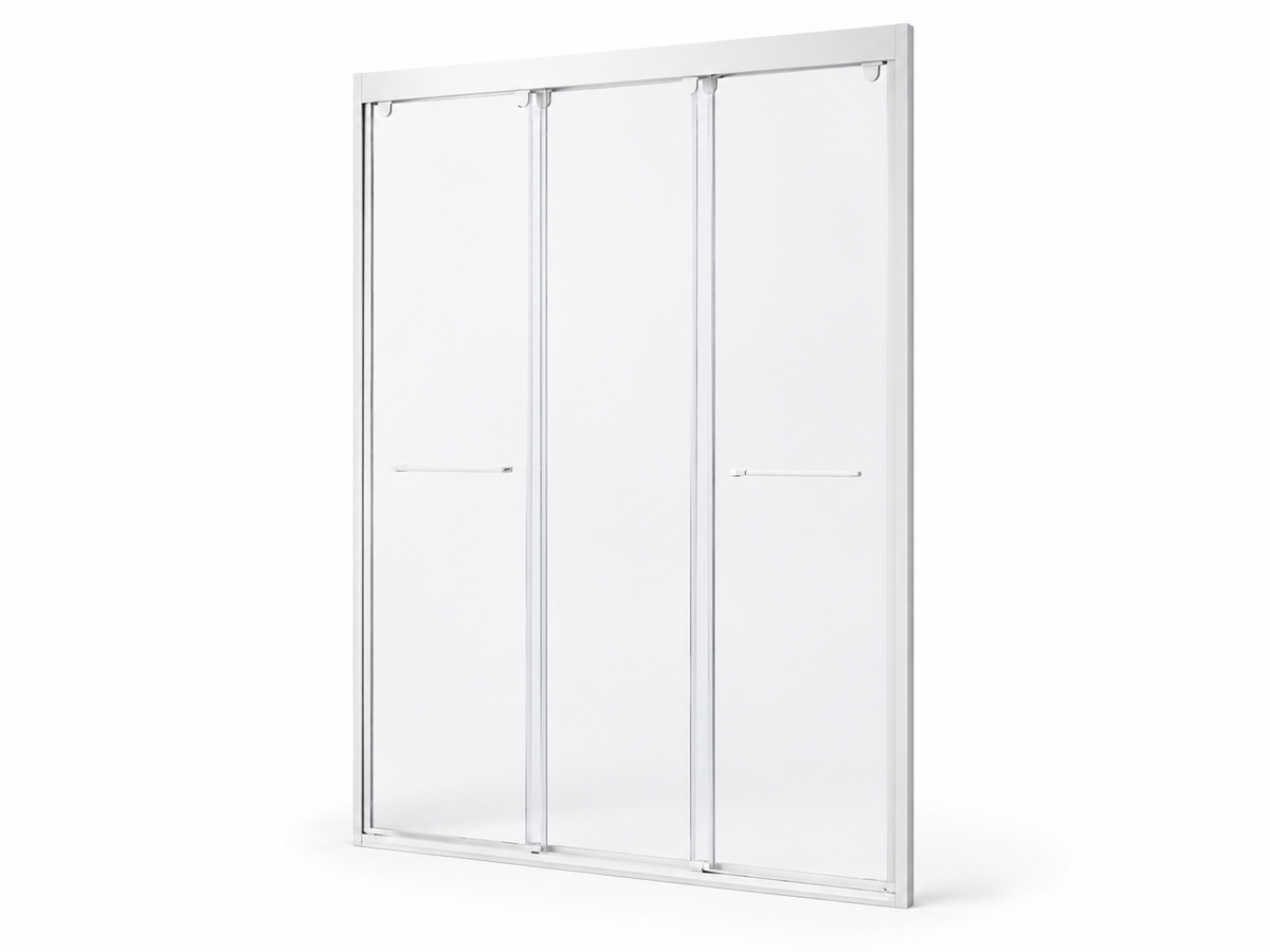 White aluminum framed triple bypass shower door with clear tempered glass panels on white background