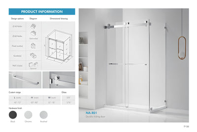 NA-R01 frameless sliding shower door spec sheet showing dimensions, roller options, glass thickness, and hardware