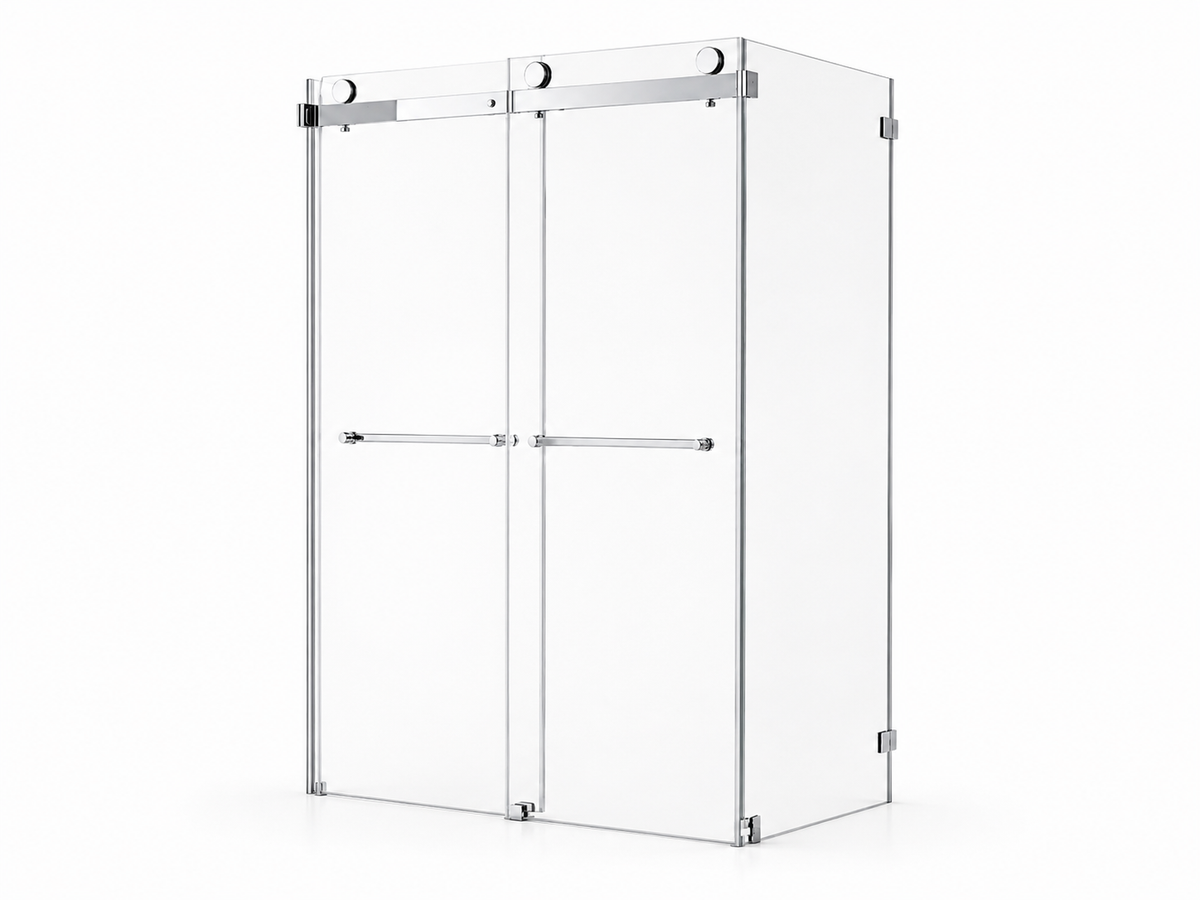 NA-R01 frameless double sliding shower enclosure in chrome, angled view of the two-door bypass configuration