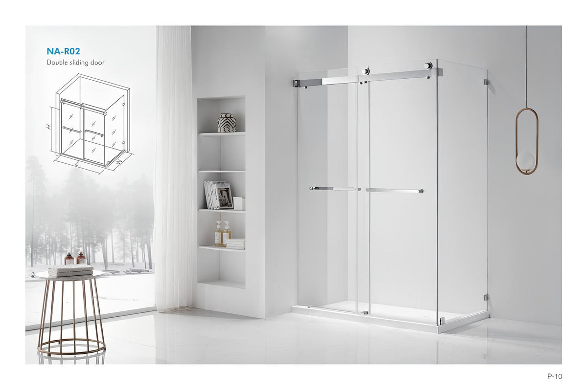 NA-R02 frameless double sliding shower enclosure with chrome hardware in a bright white minimalist bathroom
