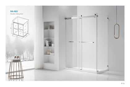 NA-R02 frameless double sliding shower enclosure with chrome hardware in a bright white minimalist bathroom