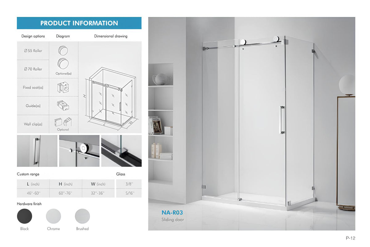 NA-R03 sliding shower door spec sheet with roller options, dimensions, glass thickness, and hardware finishes