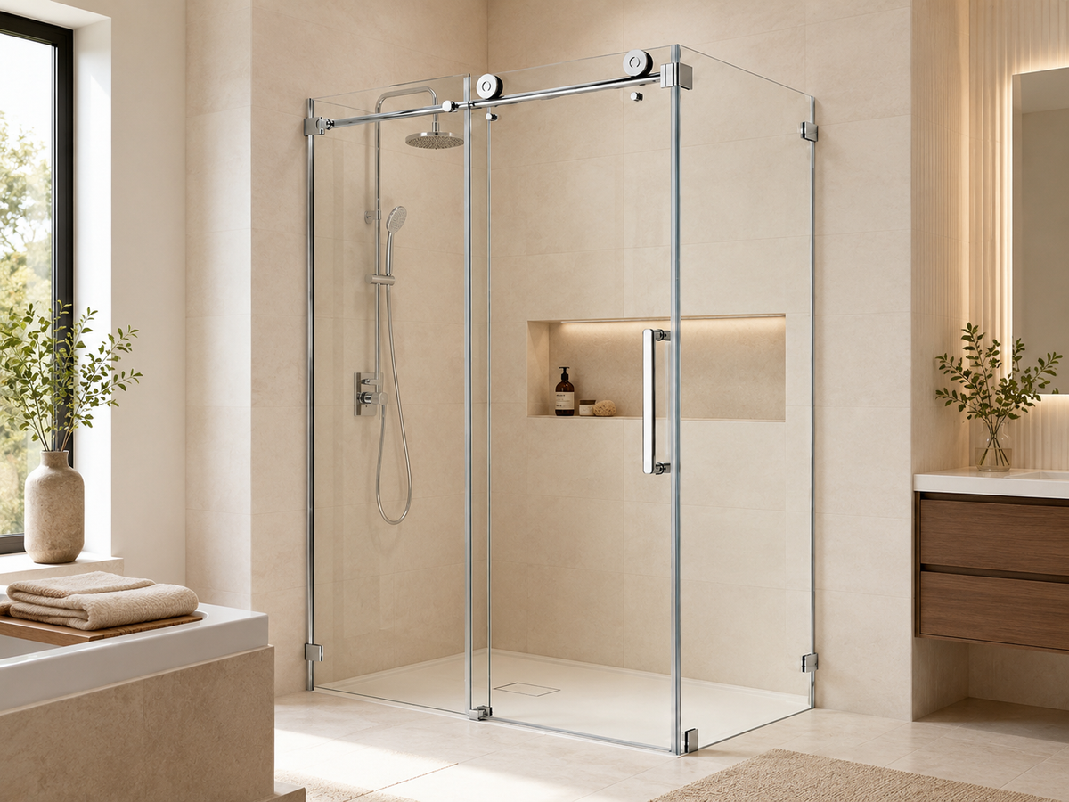 NA-R03 frameless single sliding shower door in chrome installed in a warm beige stone bathroom