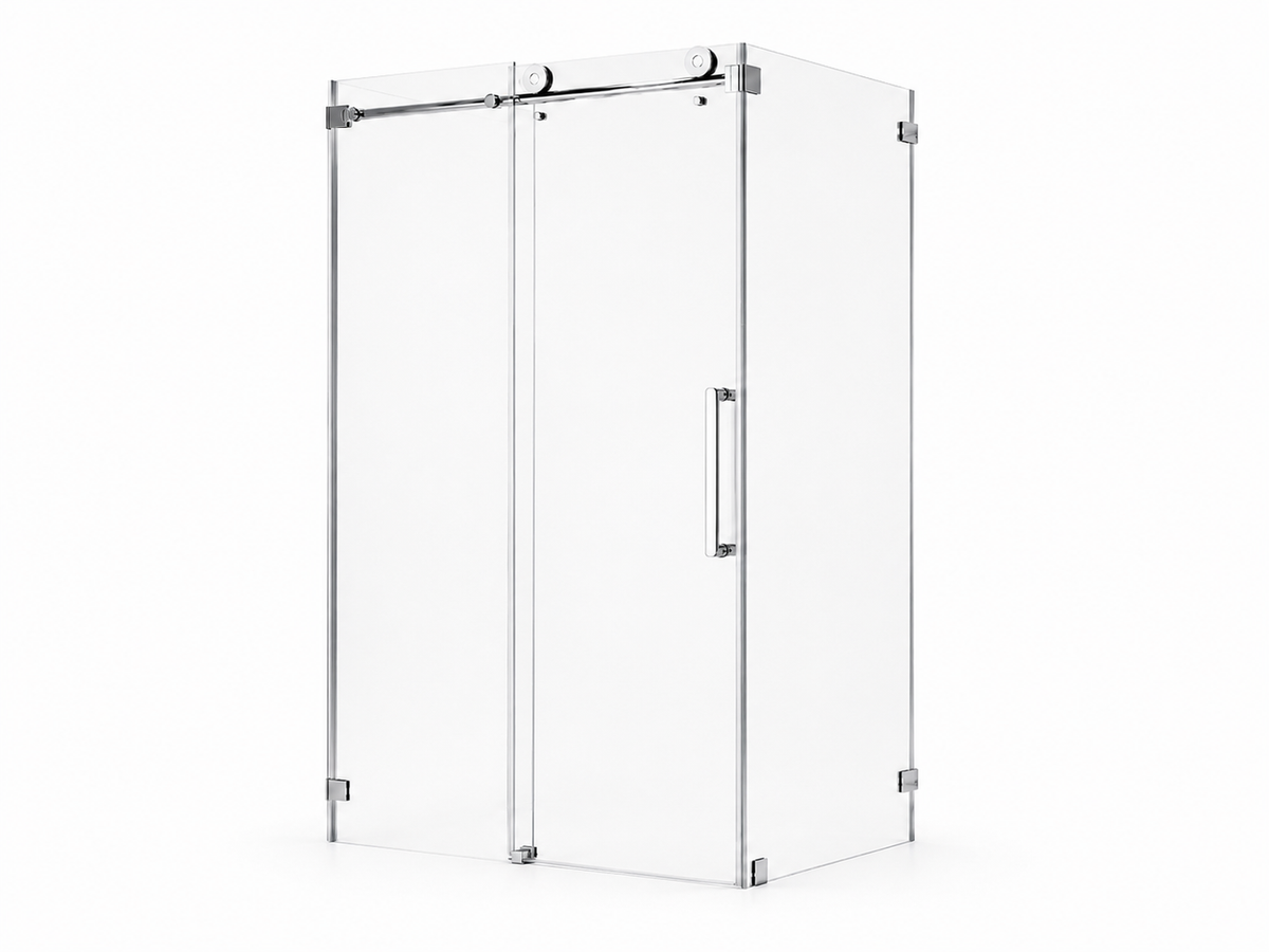 NA-R03 frameless single sliding shower door in chrome with roller hardware and corner glass return panel