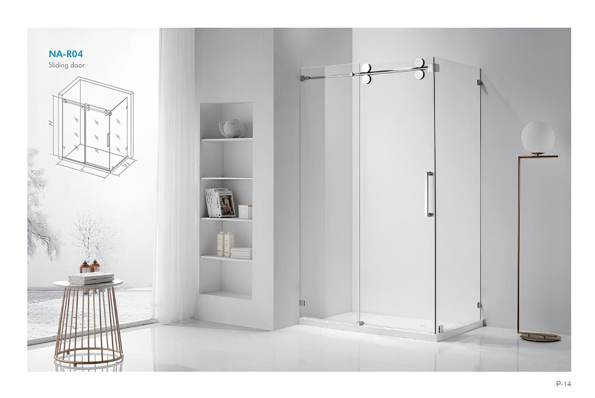 NA-R04 frameless sliding shower door in chrome shown in a clean white bathroom setting