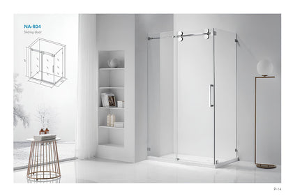 NA-R04 frameless sliding shower door in chrome shown in a clean white bathroom setting